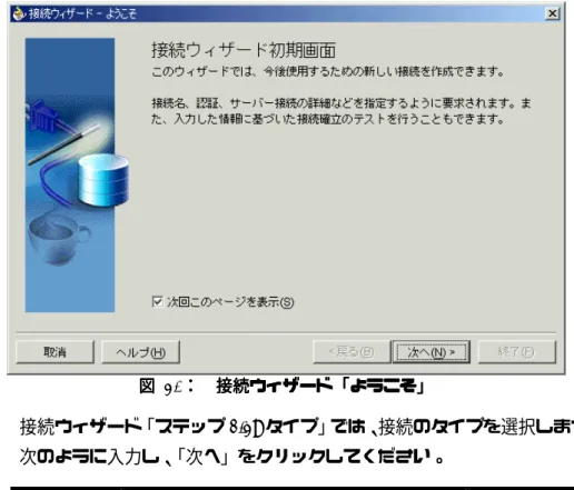 図 図 図 図 30：：： ：      接続ウィザード「ようこそ」接続ウィザード「ようこそ」接続ウィザード「ようこそ」 接続ウィザード「ようこそ」  3.  接続ウィザード「ステップ 1/2:  タイプ」では、接続のタイプを選択します。 次のように入力し、 「次へ」をクリックしてください。  設定項目 設定項目設定項目 設定項目  説明説明説明 説明  設定する値設定する値設定する値 設定する値  接続名  定義した情報を識別するための名前  Local_9iAS  接続タイプ  接続するアプリケーション