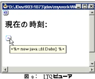 図 図 図 図  3：： ： ：    JSP ビューア ビューア ビューアビューア JSP ビューアで使用されるアイコンは次のとおりです。  アイコン アイコンアイコン アイコン  説明（例）説明（例）説明（例） 説明（例）  ページ・ディレクティブまたは taglib ディレクティブ  （例: <%@ page contentType="text/html;charset=Shift_JIS"%>） 宣言（例: <%! int = 0; %>）  式（例: &lt
