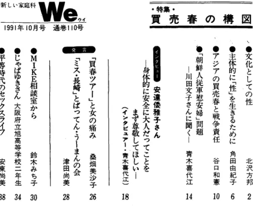 図 構・特集・ 買売春の ・●文化としての性 ．・●主体的に﹁性﹂を生きるために・●アジアの買売春と戦争責任 ．●﹁朝鮮人従軍慰安婦﹂問題    1川田文子さんに聞く一 北沢方邦 2角田由紀子 6谷口和憲 10青木喜代江 14の凹劉艦齢︶安達倭雅子さん  一身体的に安全に大人だってことを          まず尊敬してほしい一          ︵インタビュアー↑青木喜代江︶﹁買春ツァー﹂と女の痛み  桑畑美沙子ご・︑ス・長崎﹂とばってん・う一まんの会                津田尚美 18新しP家庭