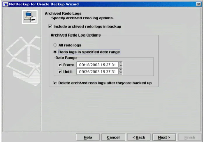 図 2: 「NetBackup Oracle  Backup Wizard」の「Archived Redo Logs」画面により、バックアップ中および  バックアップ後のアーカイブ REDO ログの処理が簡単になります 