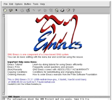 図 1: Emacs の起動画面例 2.3.3 練習 1. コマンド行に emacs と打って Emacs を起動しましょう。起動元のウィンドウに新しいプロ ンプトが現れないことと，Emacs の起動画面を観察したら終了しましょう。 2