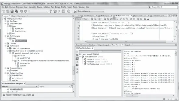 Fig. ４ ! ２７. Displaying the progress and results of the test in the Test Results window and the messages from the methods of the session bean in the Output window Now that we have started the database, we need a way to connect to it and then issuea few SQL