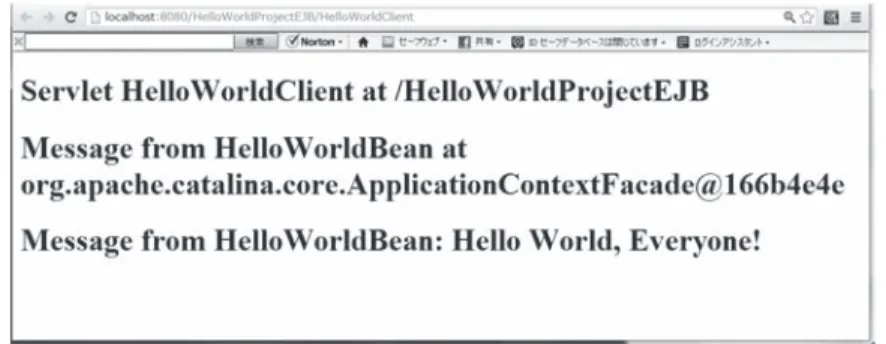 Fig. ４ ! ２４. Displaying the message from HelloWorldBean by running HelloWorldClient.java ４． ５ NetBeans + UML + JSF + Java DB + GlassFish + EJB