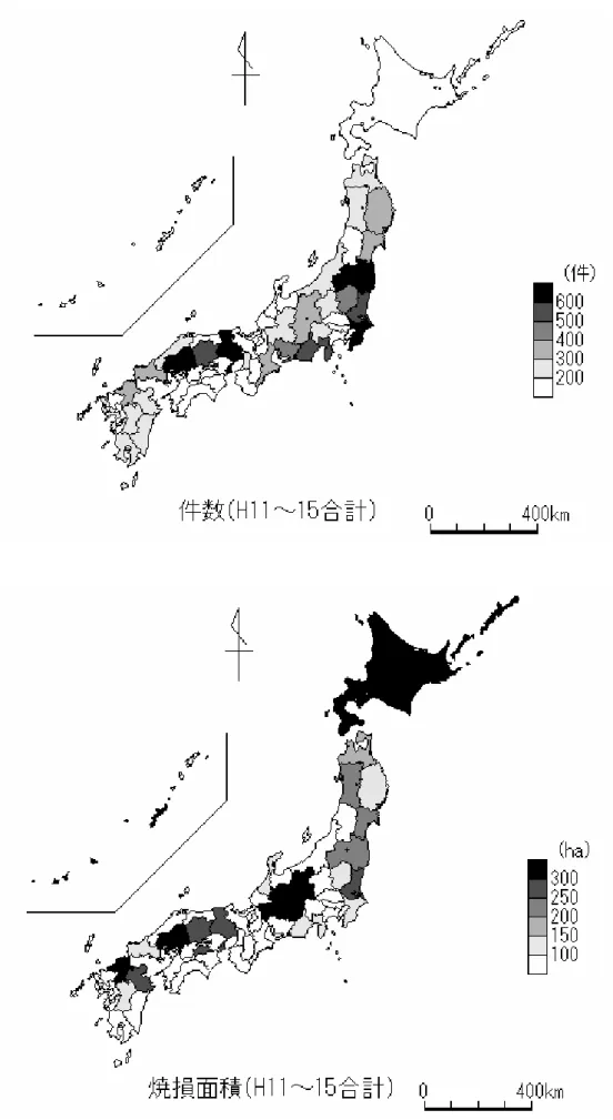 図 1.1.5  都 道 府 県 別 の 林 野 火 災 の 焼 損 面 積 (H11 〜 15 年 ) 