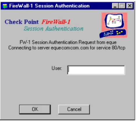 図 2-1 に［ FireWall-1 Session Authentication ］ウィンドウを示します。 ユーザ名を入力すると、