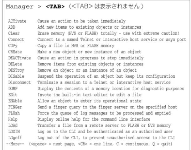 表 4.1.2 コマンドラインにおける編集キー 機能 VT 端末のキー コマンドライン内のカーソル移動 ←、→ カーソル左の 1 文字削除 Delete、Backspace 挿入モード、上書きモードの切り替 え Ctrl/O コマンドラインの消去 Ctrl/U 入力したコマンドの履歴をさかのぼ る ↑、Ctrl/B 入力したコマンドの履歴を進める ↓、Ctrl/F 入力したコマンドの履歴のすべてを 表示する Ctrl/C 「SHOW ASYN HISTORY」 の入力 コマンドの履歴のすべてを消去する 「R