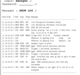 図 1 2.1.2 ログの表示例 12.2 トラブル例 コンソールターミナルに文字が入力できない ・コンソールケーブルは正しく接続されているか ・本製品を再起動してみる ・通信ソフトウェアを 2 つ以上同時に起動していないか（複数の 通信ソフトウェアを同時に起動するとCOMポートで競合が発生 し、通信できない、不安定になるなどの障害が発生） ・通信ソフトウェアの設定内容は正しいか（特に、コンソールケー ブルを接続している COM ポート名と、通信ソフトウェアで設定 している COM ポート名は一致しているか