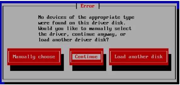 図 3-5  「More Driver Disks?」画面にて Yes を選択して Enter キーを押すと、図 3-3「Insert Driver  Disk 」の画面が表示されます。 CD-ROM ドライブの CD-ROM を「 Hitachi Gigabit Fibre Channel  Adapter Drivers for Windows/Linux/VMware CD-ROM Ver.03-00 以降」に交換し、 OK が選択さ れていることを確認して Enter キーを押します。図 3-4 の