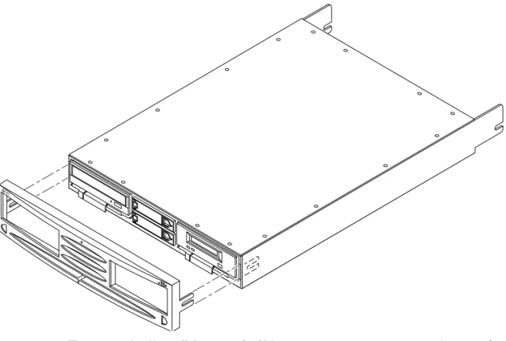 図 1-2  取り外し可能な正面ベゼル付きの  Sun StorEdge D240  ラックマウントメディ アトレー 図 1-3  サーバートップメディアトレーの正面図  :  一般的な構成DVD-ROM ドライブブラケットで固定されたハードディスクドライブ DDS-4 テープドライブ
