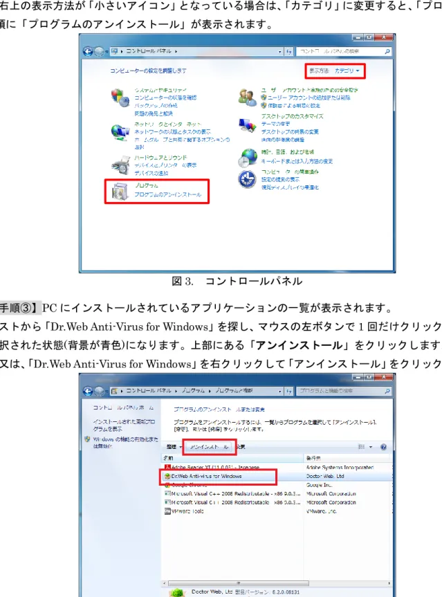 図 4.  プログラムと機能  「アンインストール」をクリックした後、ご利用中の Dr.Web Anti-Virus のバージョンによって、画面 表示・手順が異なります。  →Dr.Web Anti-Virus バージョン 7 をご利用中の場合は、本手順書の 5 ページをご確認ください。  →Dr.Web Anti-Virus バージョン 8 をご利用中の場合は、本手順書の 7 ページをご確認ください。  →Dr.Web Anti-Virus バージョン 9・10 をご利用中の場合は、本手順書の 9 ページ