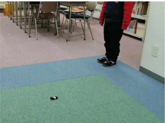 Figure 2 - Unplugged activity: Student follows commands from other students in order to reach the marked carpet tile