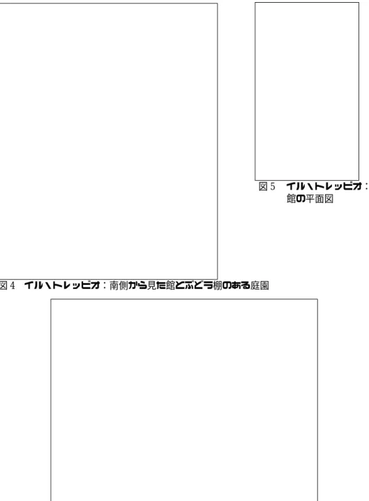 図 5  イル・トレッビオ：  館の平面図 図 4  イル・トレッビオ：南側から見た館とぶどう棚のある庭園  図 6  イル・トレッビオ：ぶどう棚の下の散歩道  二つのブドウ畑」が繰り返し見られることからも、15 世紀のコジモ・イル・ヴェッキオの 時代になされた土地の区画が、現在までほぼそのまま残っていると考えられている 9 。  イル・トレッビオは、元来農業の拠点であり、現在でいうところの別荘とはやや異なる 農園ヴィラとでもいうべきものである。敷地の中で庭と呼べるのは、館の前の、緑のあず まやのある芝生の