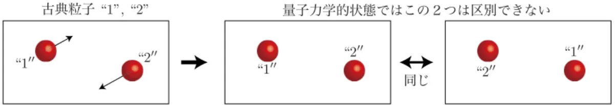 図 2: 箱の中の 2 つの古典粒子の様子（左図）に対応する量子力学的状態の様子．量子力学的状態では同じ 粒子は区別することができないので，“1” が左にいる場合と “1” が右にいる状態の 2 つの状態が同じ状態で あるとみなされる． 注意点は，この因子は『波動関数が空間的に広がっている場合』を想定していることである．例えば調和 振動子の波動関数は ϕ(x) ∼ e − x 2 /a 2 (35) のように与えられる（a は適当な定数）．つまり，波動関数は原点（振動の中心）に局在しており，空間的な 広がり