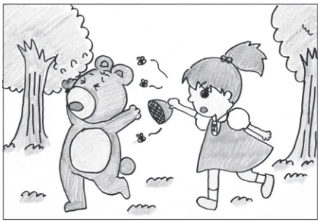 図 11：学習者 HM の自作絵図 2 枚目 注）オリジナルの絵図はカラーである。また，絵図にタイトルは付されていない。 ■学習者 Y の作文 タイトル : 無題 ある日，くまのゴローは遊びに森へ行きました。その日はとても天気がよく気持ちのい い日でした。他の動物たちもたくさん遊んでいました。 「ああ，いい天気だなあ。何して遊ぼうかな。でも，遊び相手がいないや」ゴローが言い ました。しばらく森の中を歩いていると，向こうから女の子がやってくるのに気がつきま した。 「あ，あの女の子はみーちゃんだ! 一緒に遊ん