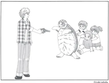 図 6：看図作文用絵図「浦島」3 幅目 「浦島」は「うさぎの幼稚園」に比べ，意外性のある絵図構成となっている。 1 幅目の絵図は，日本の民話『浦島太郎』を想起させる構成となっている。しかし，2 幅目や 3 幅目の絵図は多くの学習者にとって予想外の展開である。1 幅目の絵図が一般的 で読み解きやすい絵図であるために 2 幅目以降の絵図との大きな隔たりを感じることとな る。実際，多くの学習者は 2 幅目の絵図を目にしたとき，「えーっ !」といった慮外な思い を声に出すことが多い。 こうした意外性のある絵図は，そ