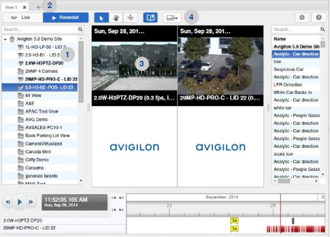 図  1:  Avigilon Control Center Gateway Web Client アプリケーション ウィンドウ 。 アプリケーション ウィンド ウ機 能 エリア 説 明 1 System Explorer 監 視 システムの要 素 をすべて表 示 します 。 サーチ… バーを使 用 して、 System Explorer で使 用 できる任 意 の機 能 を素 早 く特 定 できます。 アイテムは名 前 によって検 索 できます。 デバイスも場 所 、 論 理 ID、 シリアル番 号 、 