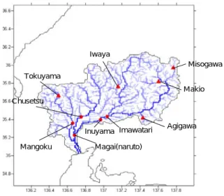 Fig. 1 Location of reservoirs and reference  observation points of the Kiso three river basin