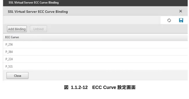 図  1.1.2-12  ECC Curve 設定画面  IV.  サーバクライアントの優先順位の設定  既定でサーバ優先であり、変更できない。  V.  暗号スイートの優先順位の設定  図  1.1.2-9  仮想 SSL サーバ設定画面（暗号スイート）の「Configured」欄へ、優先度上位の暗号ス イートを上から順に設定する。  VI