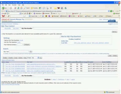 図 6 Oracle Enterprise Manager Database Control の  SQL 計画ベースライン・ホームページ  メイン・ページで、init.ora パラメータの制御、ロードのスケジュール、ジョブの 展開、および既存の SQL 計画ベースラインのすべての属性の変更を行うことがで きます。  init.ora パラメータ値の変更  メインの SQL 計画ベースライン・ページの左上に、SQL Plan Management を制御 するパラメータを一覧表示する設定セクションがあります