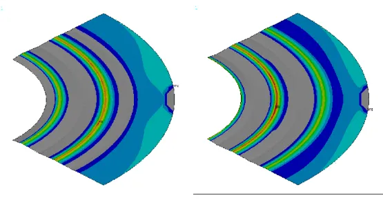 図  ３－１０  軸力 31.7kN  ガスケットの接触圧力（左：上部，右：下部）  図  ３－１１  上部内側の圧力分布(25.3kN)  図  ３－１２  上部中側の圧力分布(25.3kN) 00.0050.010.0150.020.0250.030.0350100200 300 400P(1,ζ)σ（MPa)上部内側00.010.020.030100200300400 500P(1,ζ)σ（MPa)上部中側