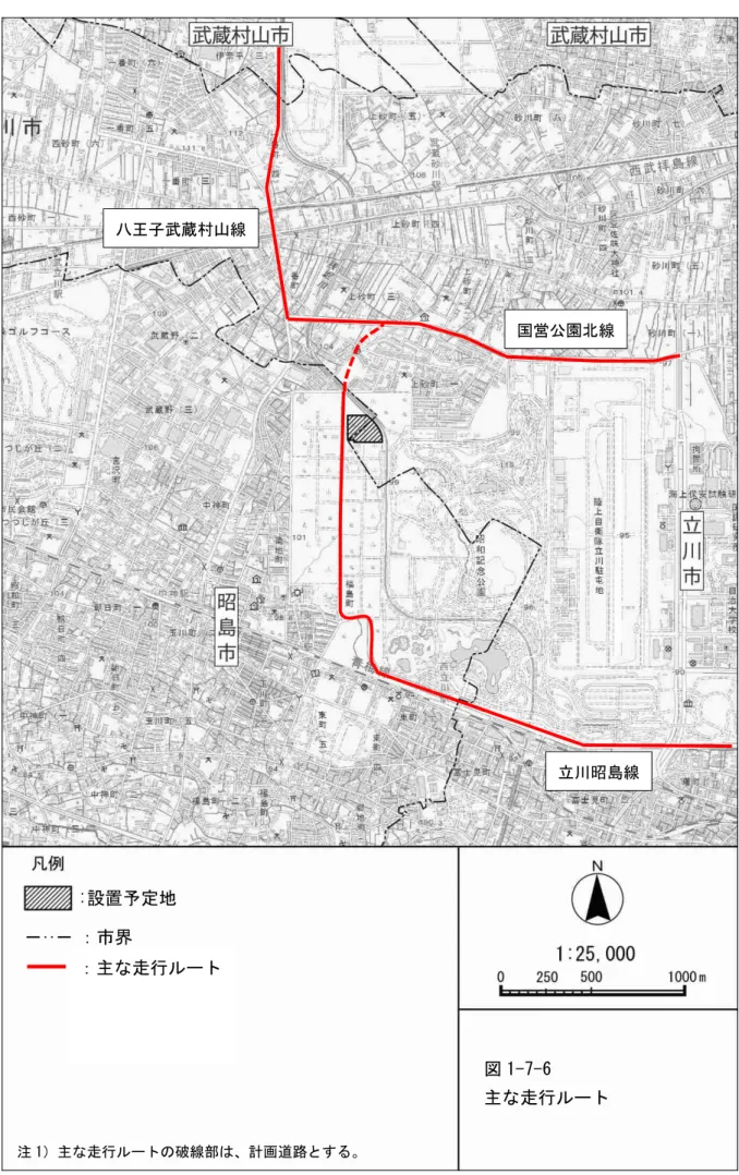 図 1-7-6  主な走行ルート ：主な走行ルート ：市界 :設置予定地 国営 園北線  立川昭島線 八王子武蔵村山線  注 1 主な走行ルートの破線部 、計画道路とする
