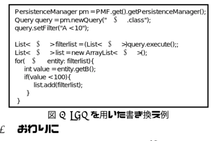 表 4 実行時間結果：テーブル設計 (ms) 外部テーブル 非正規化 検索 213.2(85.4) 96.2(46.2) (500 件 ) 更新 101.5(15.0) 6017.5(838.9) 検索 1023.0(121.8) 59.7(35.0) (1500 件 ) 更新 125.8(33.2) 21564.5(4023.2) 括弧内は標準偏差 表 5 実行時間結果：集約関数 (ms) Web アプリ処理 集約エンティティ 登録 197.3(61.9) 191.2(67.9) (500 件 ) 検索 