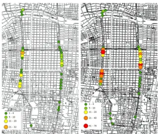 図 5 乾燥時の施設接触 図 6 湿潤時の施設接触 加しているため交通量と大きく関係しているということ が考えられる．施設接触は湿潤時に多くどの時間も湿潤 時の方が事故件数が多かった．これは路面状況が事故原 因と関係があるためだと考えられる．主成分分析した結 果は，第 1 主成分を見ると正の方には直線の長い路線が 多く，負の方には路線の出入り口付近が多いという傾向 がある．第 2 主成分の結果を見ると正の方には急カーブ のある路線が多く，負の方には合流，分流地点が多いと いう傾向がある． 5.2 ArcGI