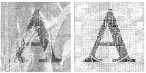 図 7 濃度差による見え方の違い また、重ね合わせた画像において、透かしの黒部分に あたる場所よりも、白部分にあたる場所の方が DA-AD 変換前後での黒ドットの増加は大きかった。したがっ て、透かしの黒部分と白部分にあたる場所の黒ドットの 濃度は、変換前より小さくなっているため、透かしの見 え具合は全手法・画像共に低下している。 6.4 にじみによる影響 本研究では DA-AD 変換時の黒部分のにじみを、  DA-AD 変換における画像の劣化ととらえ、にじみの影響に ついて考察する。なお、透かし取り出しプ
