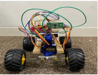 図 5 正面から見たロボット 表 4 モータドライバのピン配列 番号 名称 機能 1 GND GND 端子 2 IN2 ロジック入力端子 2 3 IN1 ロジック入力端子 1 4 Vref 制御電源端子 5 VM モータ電源 6 OUT1 モータ出力端子 7 RS モータ出力電流検出用端子 8 OUT2 モータ出力端子 表 5 モータドライバの機能