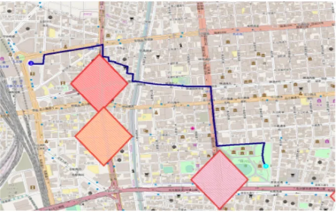 図 5 2 点間における交通事故地点を避けた最短経路 交通事故発生情報を使用した . 任意の 2 点間における通行 不可地点を避けた最短経路を求めた結果を図 5 に示す 