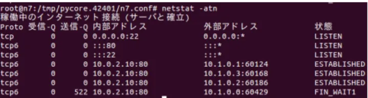 図 4 netstat 8/0，Payloadlength は 1200，一度に送る packetsize は 500，パケットを故意に送らないようにするための  Frag-mentSkip は-1 に設定した．実験結果を以下に示す． IPv4 ICMP-Fragment  13:50:29.259243 IP 10.0.0.11