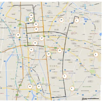 図 4 名古屋ウィメンズマラソン 2016 コース りやすいコースであるといえるだろう . 14 既存のコースとの比較 本研究で求まったマラソンコースと名古屋ウィメンズマ ラソン 2016 で使用されるマラソンコースについて比較を 行うと , 本研究で求めたマラソンコースのほうが総交通量 が 10710 台少なく , スポット数は 3 箇所多いことが分かる 