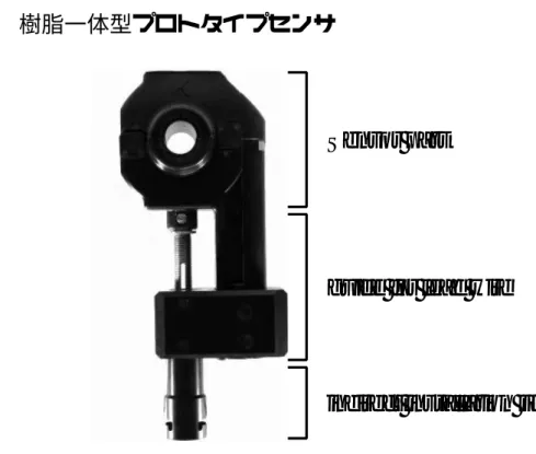 図 2.1: 樹脂一体型電力センサ 図 2.1 に佐賀大学理工学部において設計，試作された一体型の電圧電流センサの外観を示 す。図 2.1 の上段は，配電線から波形を取得するセンサが内蔵されており，中段は，センサで 取得した波形を計測用に地面まで引き出す引出線を束ね配電線上で邪魔にならないようまと めるガイド部，下段は，本センサを停止工事 1 することなく配電線に取り付けるための間接取 1 ここでの停止工事とは，配電線に供給している電気を止め，安全を確保した上で作業を行う大掛かりなも のを指す。対して，電気