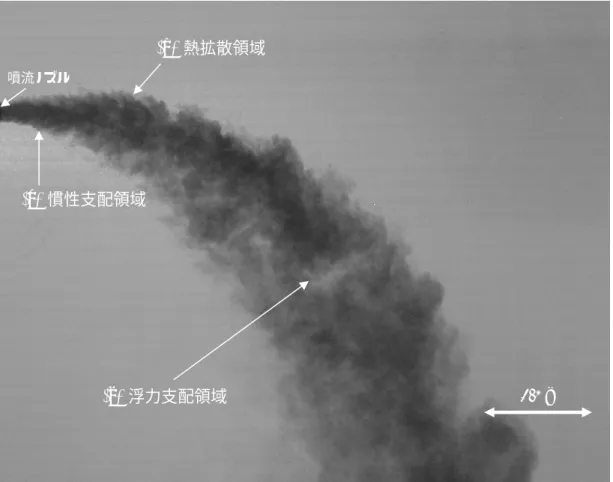 図  3-1   放出を開始してから 180 秒経過時点での冷噴流拡散の様子  （ Case1 ） 3.1.2  一様温度場における冷噴流拡散の数値解析  前節で実施した水槽実験と同じ条件による数値解析を行い，その拡散特性をより詳細 に検討するとともに，数値解析手法の妥当性を検証する．さらに，乱流モデルの有無に よる結果を比較することで，LES を用いることの妥当性を検討する．  図  3-2 は， Case1 の条件における，噴流ノズルを含む z *  =0 m の断面のノズル周辺の 温度分布を示す．これ