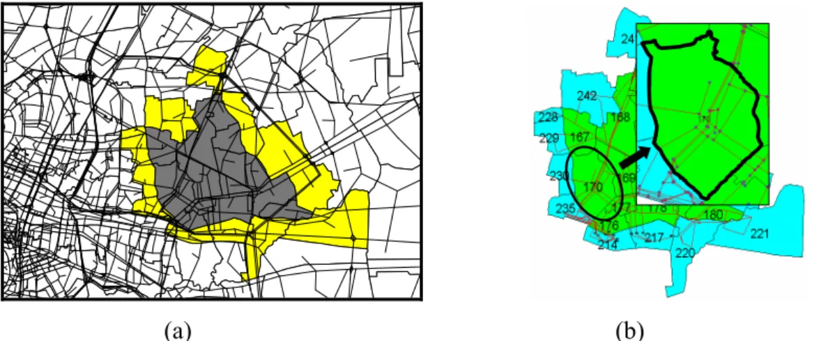 Figure 3.11 The transportation databases of urban areas in (a) the existing system of  macro planning level, and (b) modified into the zone-base level