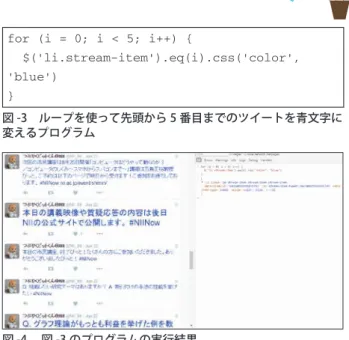 図 -1 で先頭から 5 番目のツイートを赤文字に変え るプログラムを，図 -2 で図 - 1 のプログラムを実行 した結果の画面を示す． $('li.stream-item').eq(0).css('color', 'red') $('li.stream-item').eq(1).css('color', 'red') $('li.stream-item').eq(2).css('color', 'red') $('li.stream-item').eq(3).css('color', 'red') $(