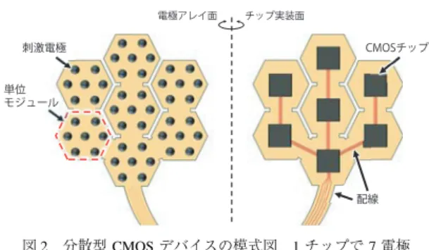 図 1 脈絡膜上経網膜刺激型デバイスの眼球内配置 な疾患が網膜色素変性症や加齢黄斑変性症と限られる． しかし一方で，眼球内は脳などに比べると免疫寛容で あるため，脳に人工物を埋め込むよりも，感染症に罹り にくいと考えられる．網膜刺激方式は更に，眼球に対 する刺激電極の埋植位置に応じて，網膜に角膜や硝子 体側から刺激する網膜上刺激方式 [11] 〜 [14] ，脈絡膜 と網膜の間に埋植して刺激する網膜下刺激方式 [15] 〜 [18] ，強膜内または強膜と脈絡膜の間に埋植し刺激す る脈絡膜上―経網膜刺激方式 