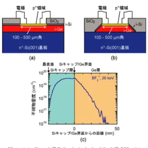 図 5 p + -Si 上 PD 及び n + -Si 上 PD の典型的な周波数 応答特性 図 5 に p + -Si 上 PD 及び n + -Si 上 PD の逆バイア ス 2.3 V における周波数応答特性を示す． 3 dB カット オフ周波数は， p + -Si 上 PD で約 12 GHz となった． 20 Gbps 程度のビットレートの光通信に適用できる． n + -Si 上 PD の 3 dB カットオフ周波数は 3 GHz 程度 であった．いずれも設計値 40 GHz に及ばなかった． P