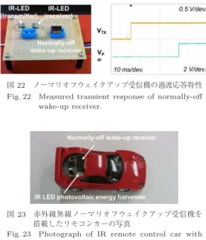 Fig. 23 Photograph of IR remote control car with normally-oﬀ wake-up receiver.