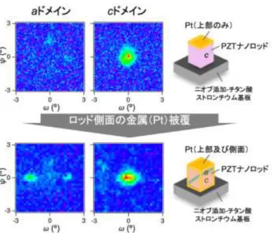 図 3：ナノロッドの側面を金属（Pt）で被覆し、一度加熱した後のドメイン構造の X 線回折結果。 電荷遮蔽の促進によって、a ドメイン（水平分極）の生成が確認できた。  【成果の意義】    本研究成果は、強誘電体の諸特性を支配するドメイン構造が、材料の組成や歪みの制御だけでなく、 材料の形状やサイズ、さらには、その周りの環境により、分極の電荷遮蔽状態を制御することで、操作 できることを示しています。    この新しいアプローチを活用して、強誘電体の圧電特性の飛躍的な向上が達成できれば、例えば、 環境中にあ
