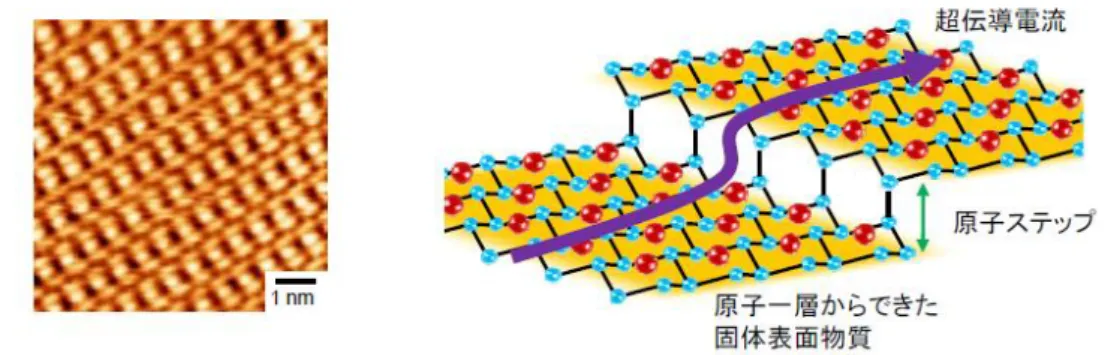 図 1  （左図）シリコン表面にインジウム原子が一層だけ配列した固体表面物質 の走査トンネル顕微鏡写真。 （右図）同じ物質の原子モデル。原子ステップを超 えて、超伝導電流が流れる様子を模式的に示している。   またこの物質に流す電流値を増やしていき、どこで電気抵抗ゼロの超伝導性が破壊されるかを詳 細に調べた。その結果、電流密度に換算して、最高で 6.110 9  A/m 2 という大きな電流を流すことが できることがわかった。この値は、バルク材料でできた超伝導磁石における典型的な値の 10 10  A/m