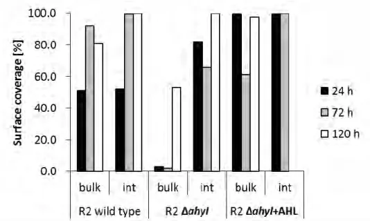 Fig. 3-28 Estimated biofilm surface coverage in all conditions experimented in this study  Calculation method is described in appendix B