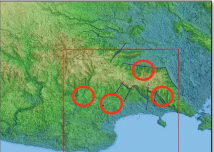 Figure 5. Critical landslide area describe with blue lines and red circle in study area