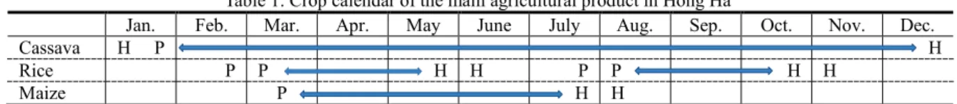 Table 1 shows the crop calendar of main agricultural products in Hong Ha: cassava, rice and maize