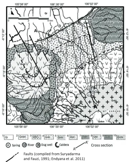 Figure  1  Geological map  of Mt. Karang and sampling location  area  showing the  lithological unit  (1 sediment in Rawa Danau; 2 pyroxene andesite-basalt Mt