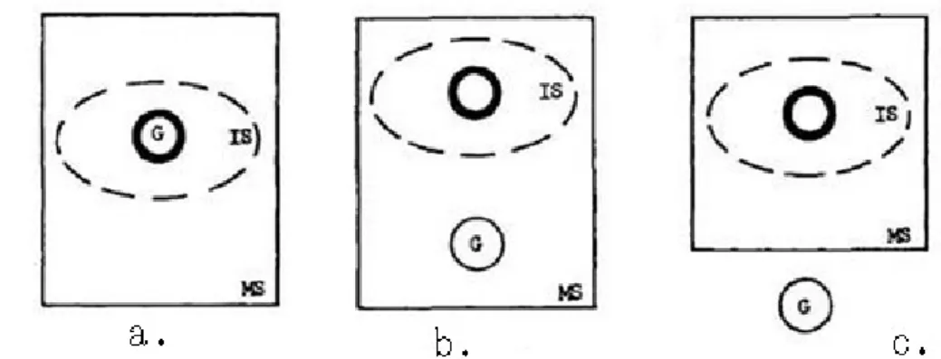 図 3-17 における MS と IS はそれぞれ、Maximal Scope (最大領域)と Immediate Scope (直 接領域)を示している。前者は、ある表現によって喚起できる内容のすべてを表しているが、 後者は、表現では最も直接的に関わっている部分、すなわち直接的にプロファイルされてい る部分である。また、G はグランドを意味し、発話者に当たる。  (35) a