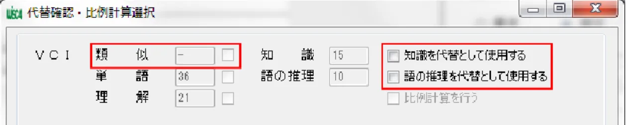 図 3  基本検査の「類似」が無効なため、「単語」と「理解」で比例計算を行う例  PRI の間に有意な差」がある場合や、「FSIQ が 79 以下か 120 以上」の場合には、比較の基準が変 更できる「選択モード」に変更するか否かの確認ウインドウが表示されるので、 「選択モード」で 比較の基準を変更し、改めて換算することが可能である。  4  レポートの出力・印刷    出力対象で選択された項目がレポートとして表示され、印刷することができる。出力・印刷さ れたレポートは記入済みの記録用紙と同等に扱い、適正な