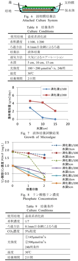 Table 8   培養条件 Culture Conditions 培地  保水体 藻支持膜 02468 0 5 10 15 20藻体増加量(g/m2/day) 水深(cm) 消化液 1/100消化液1/200 Fig
