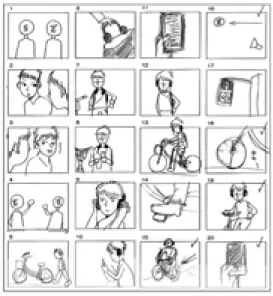 図 制作プロによる特別講義 図 制作プロと企画案を検討する様子 図 チーム No．による交通安全 CM の絵コンテ送局制作の看板番組のディレクターであることから，学生たちの制作活動を番組として追いかけ，その制作過程を県内全域の視聴者に紹介してもらうことが実現した。 回目以降は，プロジェクトを具体的に遂行して いく期間となる。 回目に指摘された企画案の課題 を克服する新案を検討し，実現に向けた具体的な段 取りをしていくのが 回目である。自転車走行時の マナーや走行中の脇見等は，路上で撮影すると危険 を伴うこと