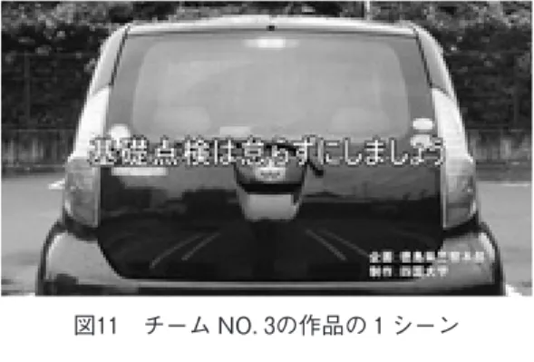図 チーム No．による撮影の様子 図 チーム No．による成果報告会の様子 図 チーム NO．の作品の シーン 図 チーム No．による撮影（上）と成果報告 （下）の様子）プロジェクトチームNo．による「交通安全CM− 基礎点検 −」第 チームは，自身が自動車を運転中に前方を走行する車両の整備不良を見つけ，安全性に問題があると感じた経験から，基本的な点検実施のPRをする内容のCMを制作した。始業点検のような構成となり，年末の交通安全というクライアントの趣旨 からは逸脱したものとなったが，視点の異なる交通 